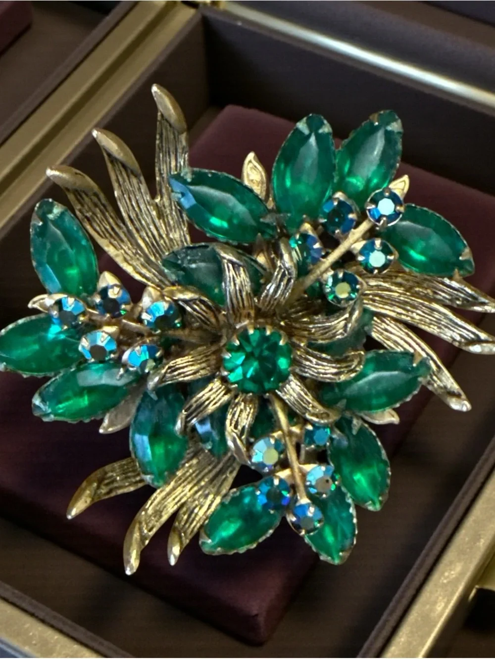 Vintage Emerald Green Rhinestone Floral Brooch Gold Tone Aurora Borealis Stateme